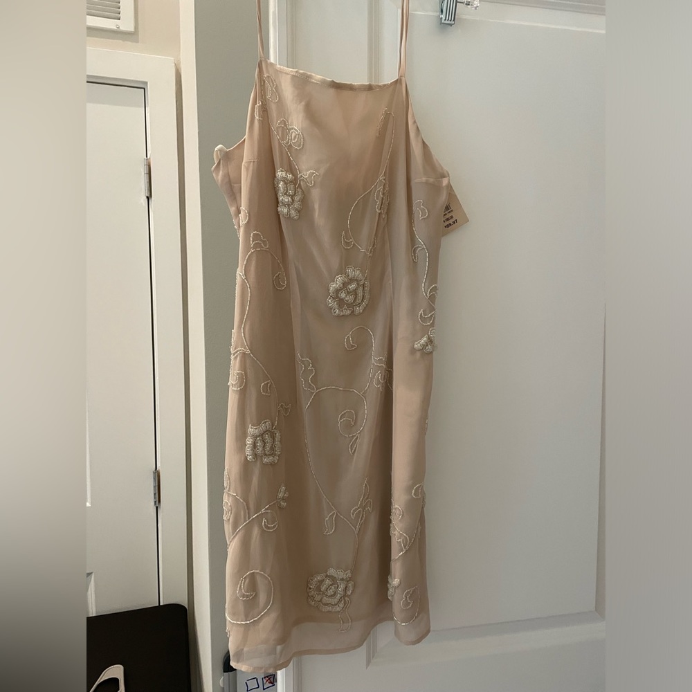 Beige sheer short dress Never worn, with beaded flower details
